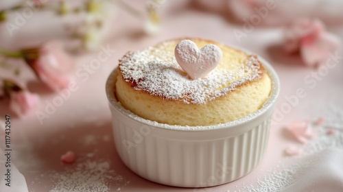 Delicate vanilla souffl? topped with a heart-shaped decoration, dusted with icing sugar on a soft pink background.