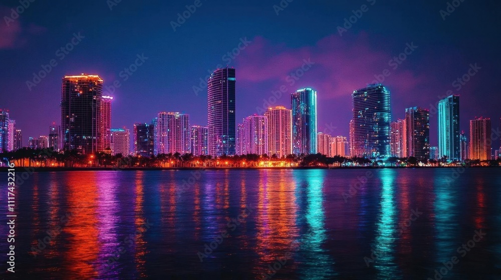 Fototapeta premium Vibrant city skyline at night reflecting on water.