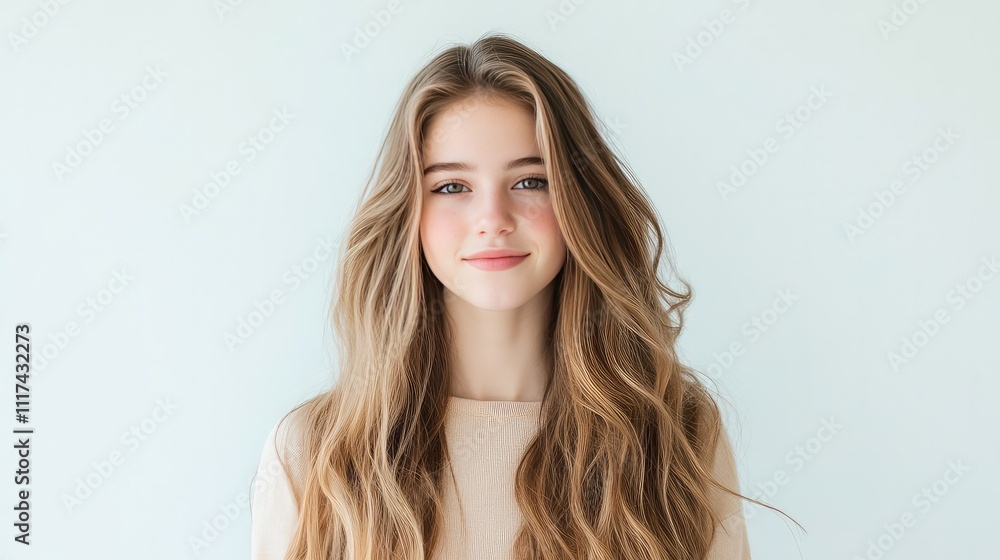 Elegant Caucasian woman with luminous long hair flowing over shoulders displays natural radiance and gentle smile while softly touching her healthy locks. Elegant Caucasian woman with luminous long hair flowing over shoulders displays natural radiance and gentle smile while softly touching her healthy locks.