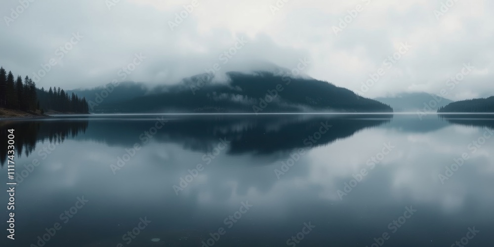 A Misty Morning Reflection on a Still Lake, With a Distant Silhouette of Trees and Clouds A Misty Morning Reflection on a Still Lake, With a Distant Silhouette of Trees and Clouds