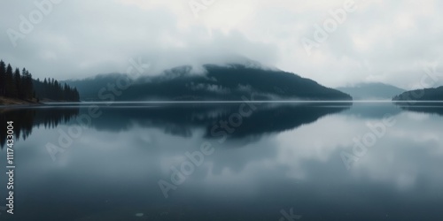 A Misty Morning Reflection on a Still Lake, With a Distant Silhouette of Trees and Clouds