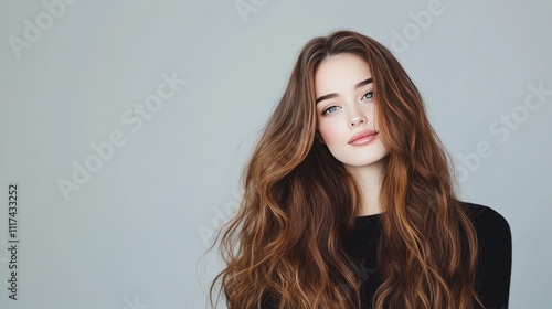 Serene woman with lustrous brown wavy hair cascading elegantly to one side displaying healthy shine and natural movement against light gray backdrop.