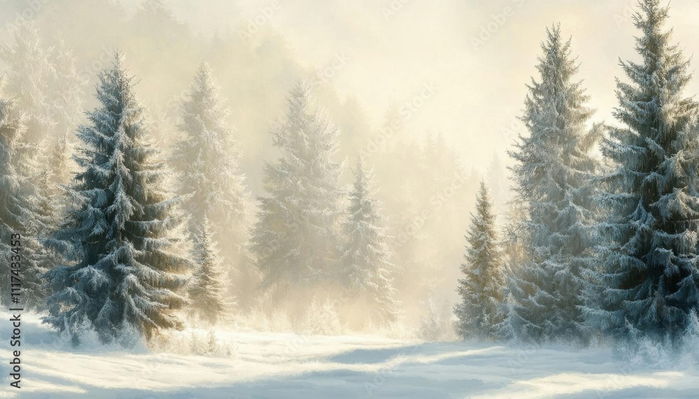 A serene winter landscape with snow-covered trees and soft mist. A serene winter landscape with snow-covered trees and soft mist.