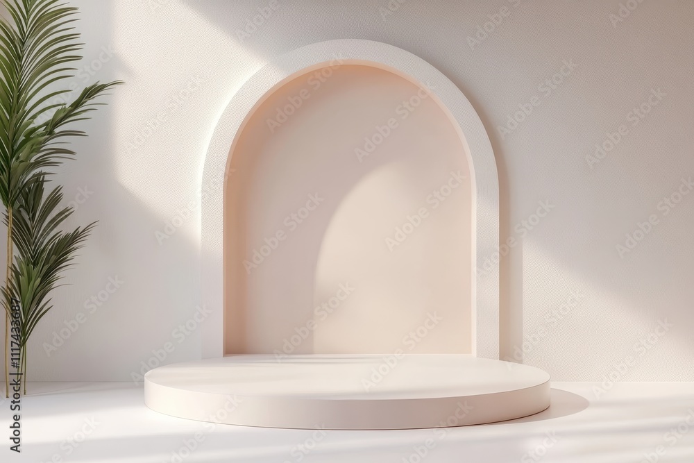 A minimalist display area featuring a soft arch and circular platform, ideal for presentations. A minimalist display area featuring a soft arch and circular platform, ideal for presentations.