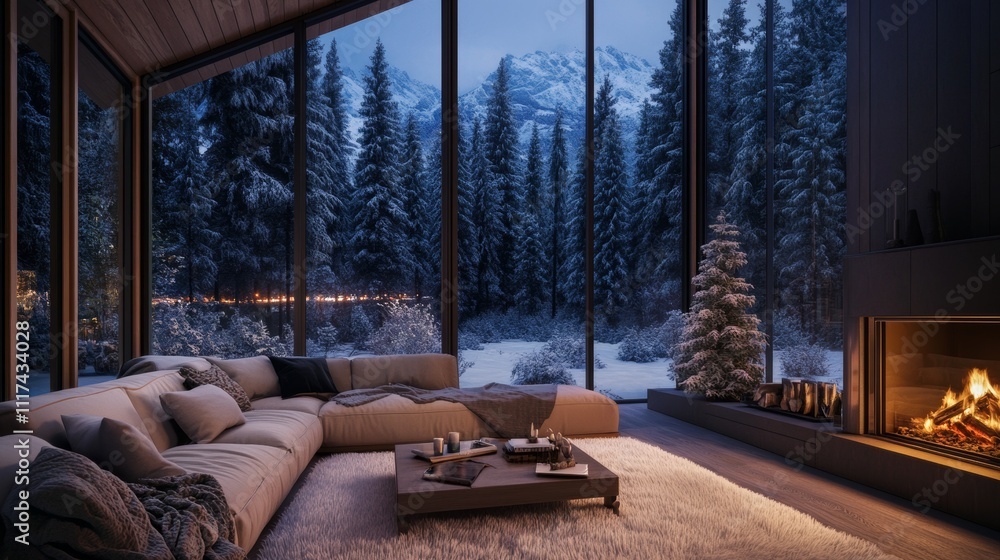 Warm living space with fireplace overlooking snowy forest and mountains through large windows, creating a serene winter retreat. Warm living space with fireplace overlooking snowy forest and mountains through large windows, creating a serene winter retreat.