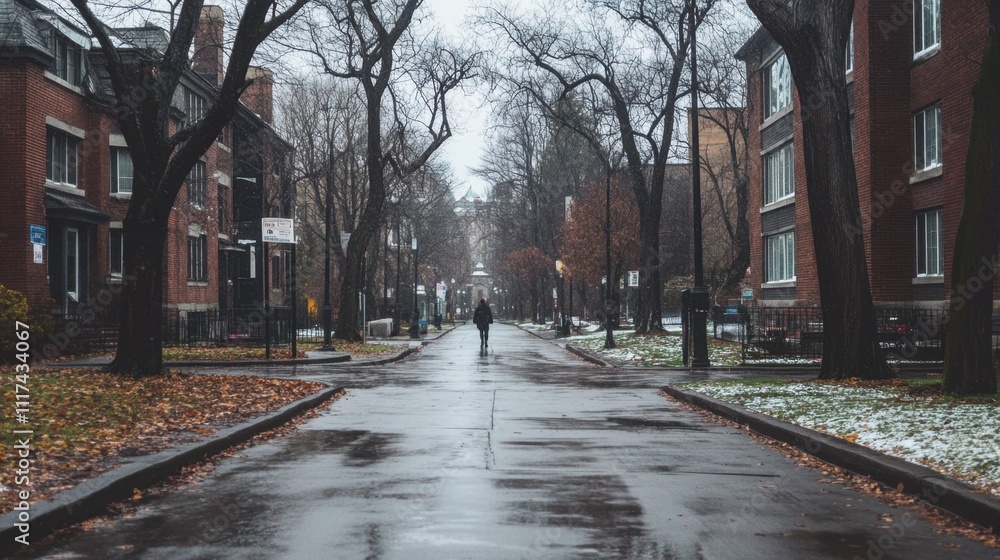 A concrete pathway lined by urban structures and skeletal trees, the air thick with winters chill. A concrete pathway lined by urban structures and skeletal trees, the air thick with winters chill.