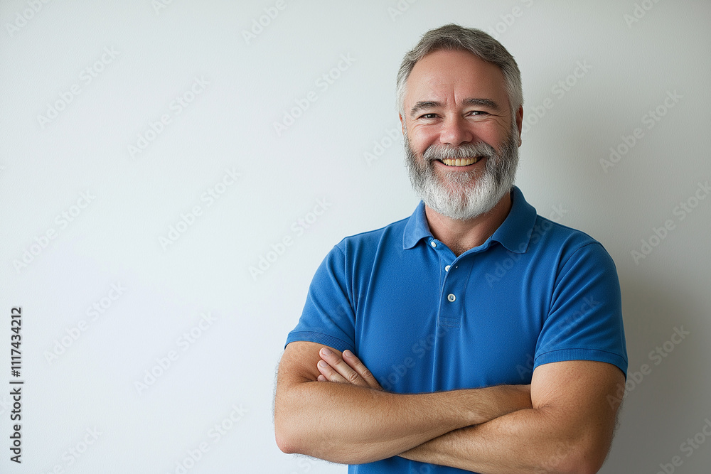 Portrait of a happy, bearded man in a blue polo shirt, standing confidently with arms crossed against a white background. Ideal for professional profiles, ads, or templates with ample space for added 