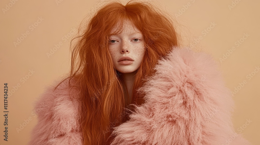 Portrait of a red-haired woman wrapped in a luxurious pink fluffy coat against a soft beige background. Portrait of a red-haired woman wrapped in a luxurious pink fluffy coat against a soft beige background.