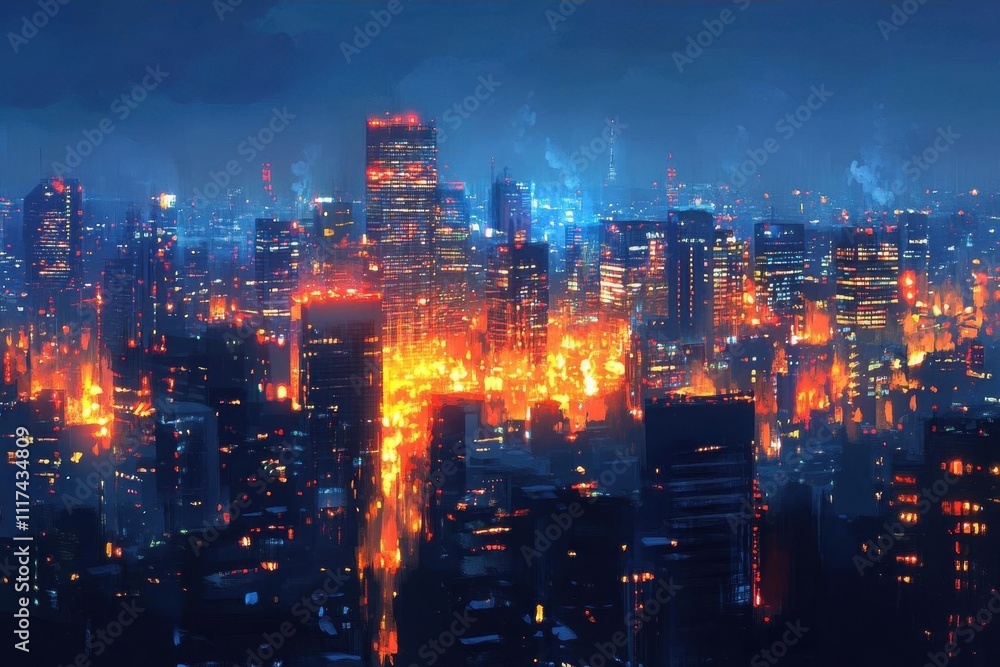A vibrant city skyline illuminated at night with glowing lights. A vibrant city skyline illuminated at night with glowing lights.