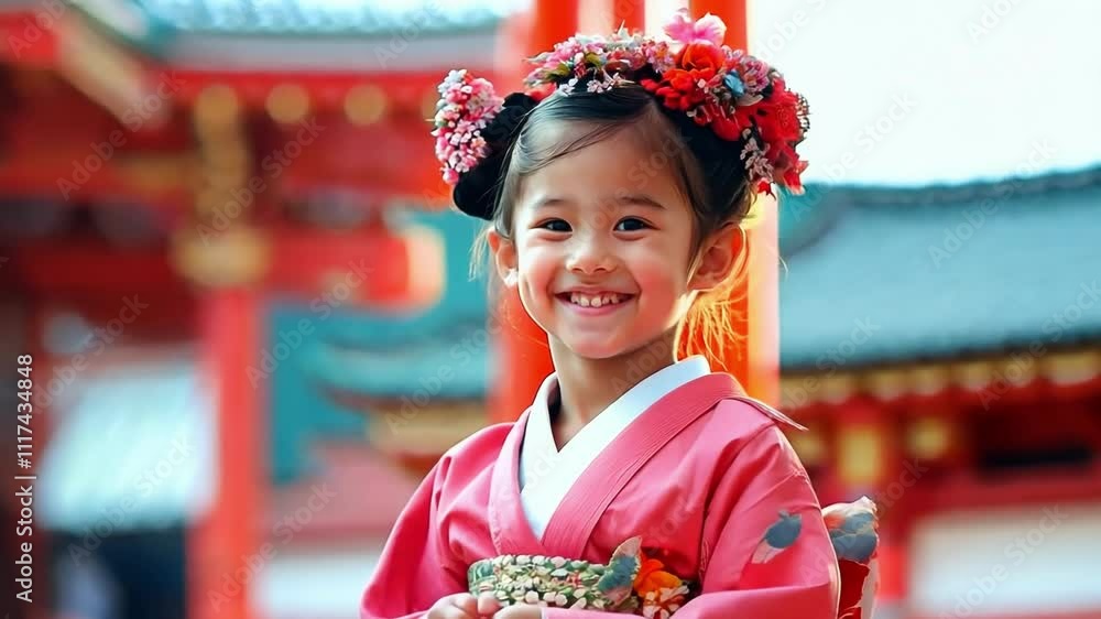 Young girl smiles sweetly while celebrating shichi go san at a local shrine. She is dressed in a vibrant red kimono with her hair done up in a traditional style. Copy space Young girl smiles sweetly while celebrating shichi go san at a local shrine. She is dressed in a vibrant red kimono with her hair done up in a traditional style. Copy space