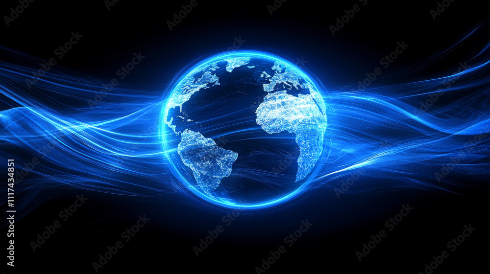 Vector. Abstract dark blue technological polygonal background. The human valley holds planet Earth. Polygonal contours of continents. Neon hologram.