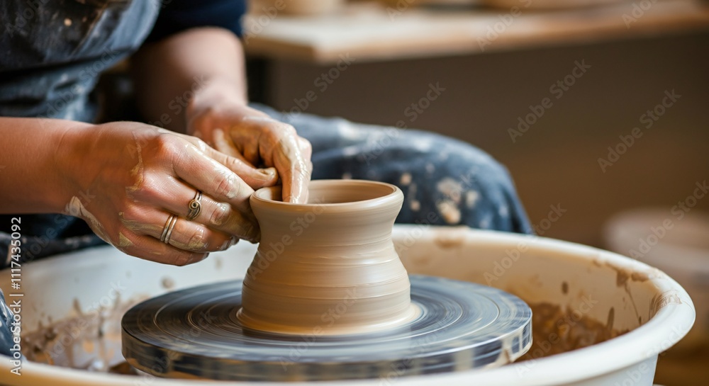 Close-up of hands crafting pottery on a spinning wheel Close-up of hands crafting pottery on a spinning wheel
