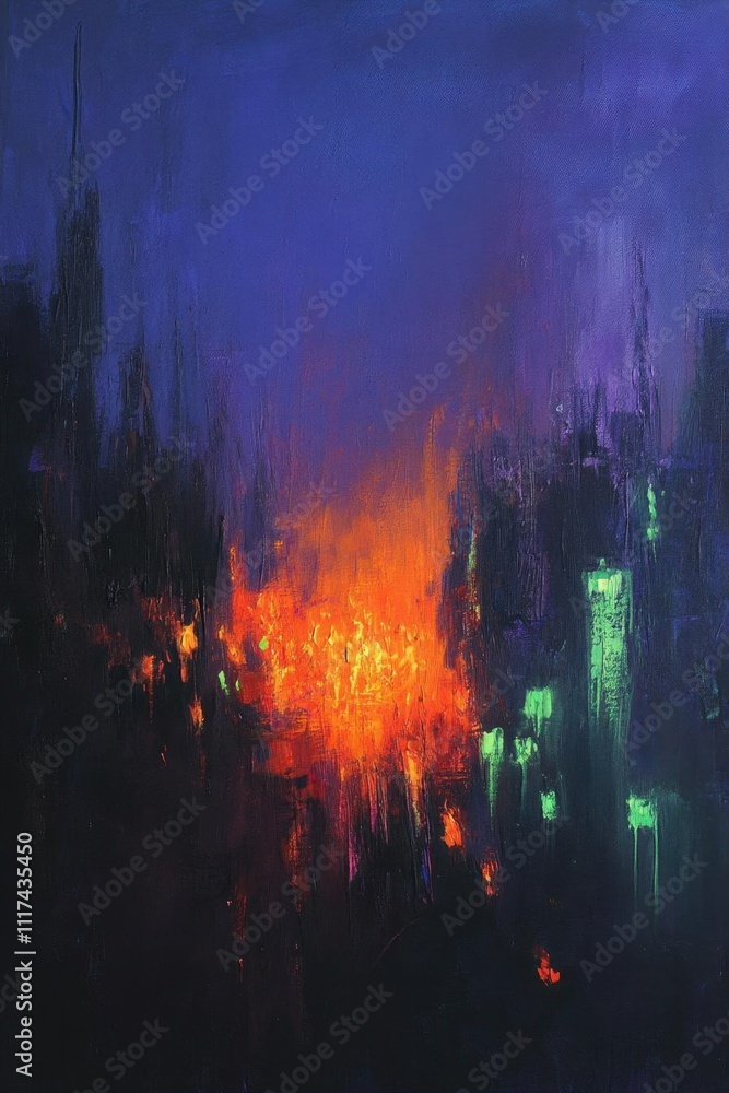 Abstract depiction of a vibrant cityscape at dusk with glowing lights. Abstract depiction of a vibrant cityscape at dusk with glowing lights.