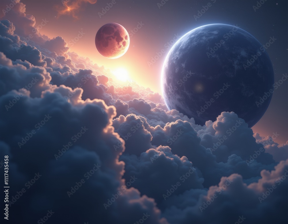 A breathtaking view of a celestial landscape, featuring a vibrant planet, a smaller moon, and a breathtaking sunset over a sea of fluffy clouds. A breathtaking view of a celestial landscape, featuring a vibrant planet, a smaller moon, and a breathtaking sunset over a sea of fluffy clouds.