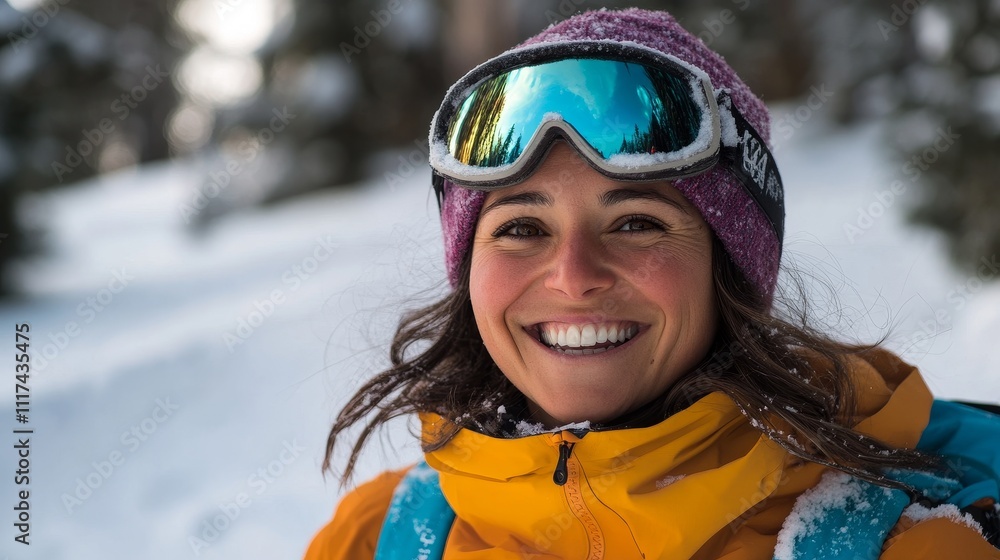 A cheerful woman in winter gear smiles during a snowy outdoor skiing adventure, showcasing joy and excitement in nature. A cheerful woman in winter gear smiles during a snowy outdoor skiing adventure, showcasing joy and excitement in nature.
