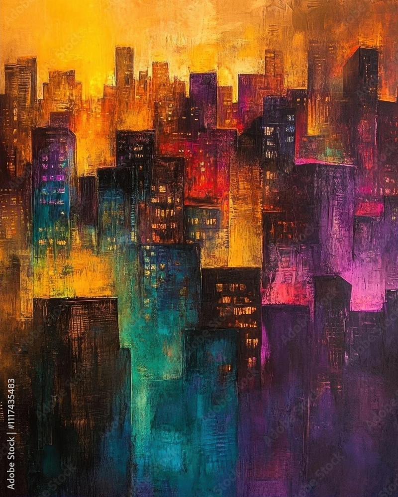 Abstract cityscape painting with vibrant colors and dynamic shapes. Abstract cityscape painting with vibrant colors and dynamic shapes.