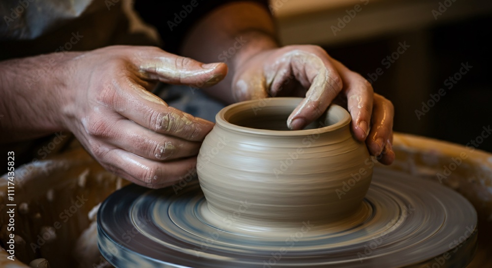 Close-up of hands crafting pottery on a spinning wheel Close-up of hands crafting pottery on a spinning wheel