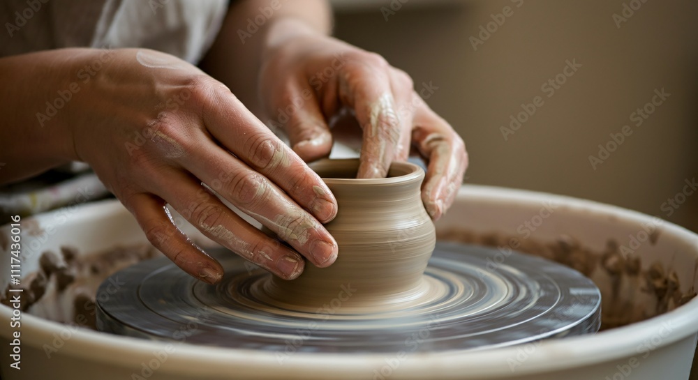 Close-up of hands crafting pottery on a spinning wheel Close-up of hands crafting pottery on a spinning wheel