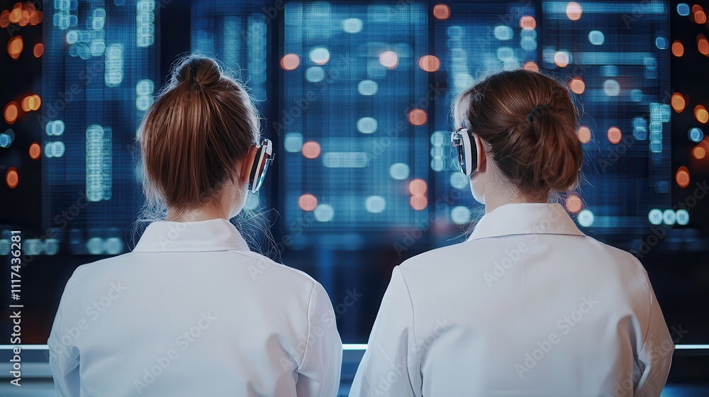 Information technology integrates cybersecurity. Scientists analyzing data on screens. Information technology integrates cybersecurity. Scientists analyzing data on screens.
