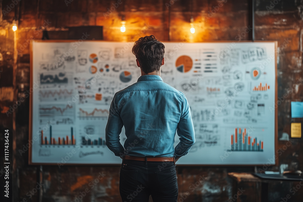 A focused professional reviews a business plan on a whiteboard filled with charts and data, analyzing key elements of strategy to achieve growth, innovation, and success in a dynamic environment. A focused professional reviews a business plan on a whiteboard filled with charts and data, analyzing key elements of strategy to achieve growth, innovation, and success in a dynamic environment.