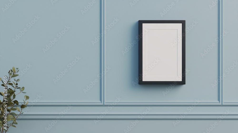 Electrical outlets plug and compact, A minimalist wall featuring a blank framed picture against a soft blue backdrop, with a touch of greenery nearby. Electrical outlets plug and compact, A minimalist wall featuring a blank framed picture against a soft blue backdrop, with a touch of greenery nearby.