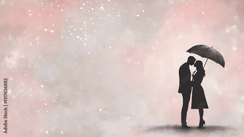 Silhouette of a couple kissing under an umbrella with a romantic background for Valentine's Day Silhouette of a couple kissing under an umbrella with a romantic background for Valentine's Day