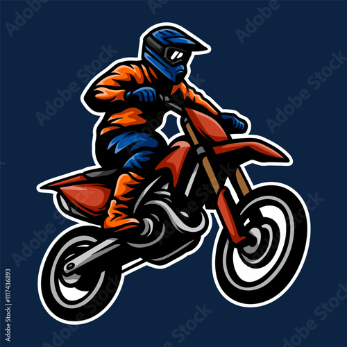 motocross dirtbike supermoto isolated colored drawing line art style sketch classic vintage design illustration