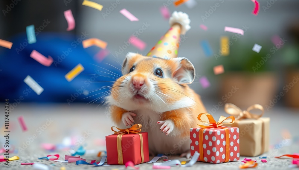 hamster in a party hat with gift boxes, celebration background, and falling confetti hamster in a party hat with gift boxes, celebration background, and falling confetti