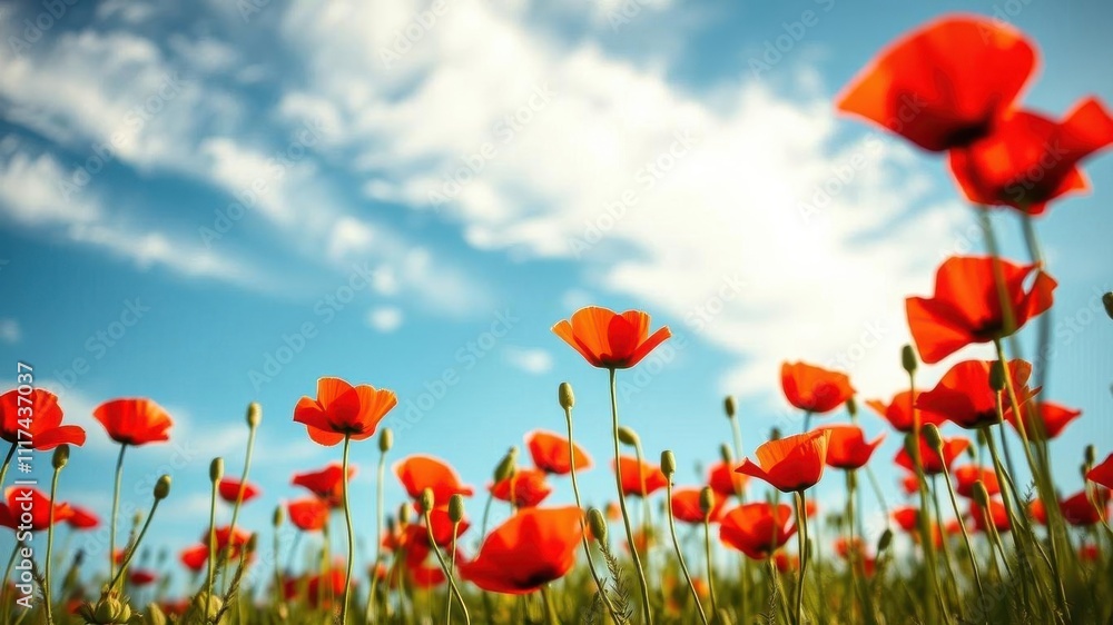 A field of vibrant red poppies reaching towards a bright blue sky with fluffy white clouds, a symbol of beauty and resilience. A field of vibrant red poppies reaching towards a bright blue sky with fluffy white clouds, a symbol of beauty and resilience.