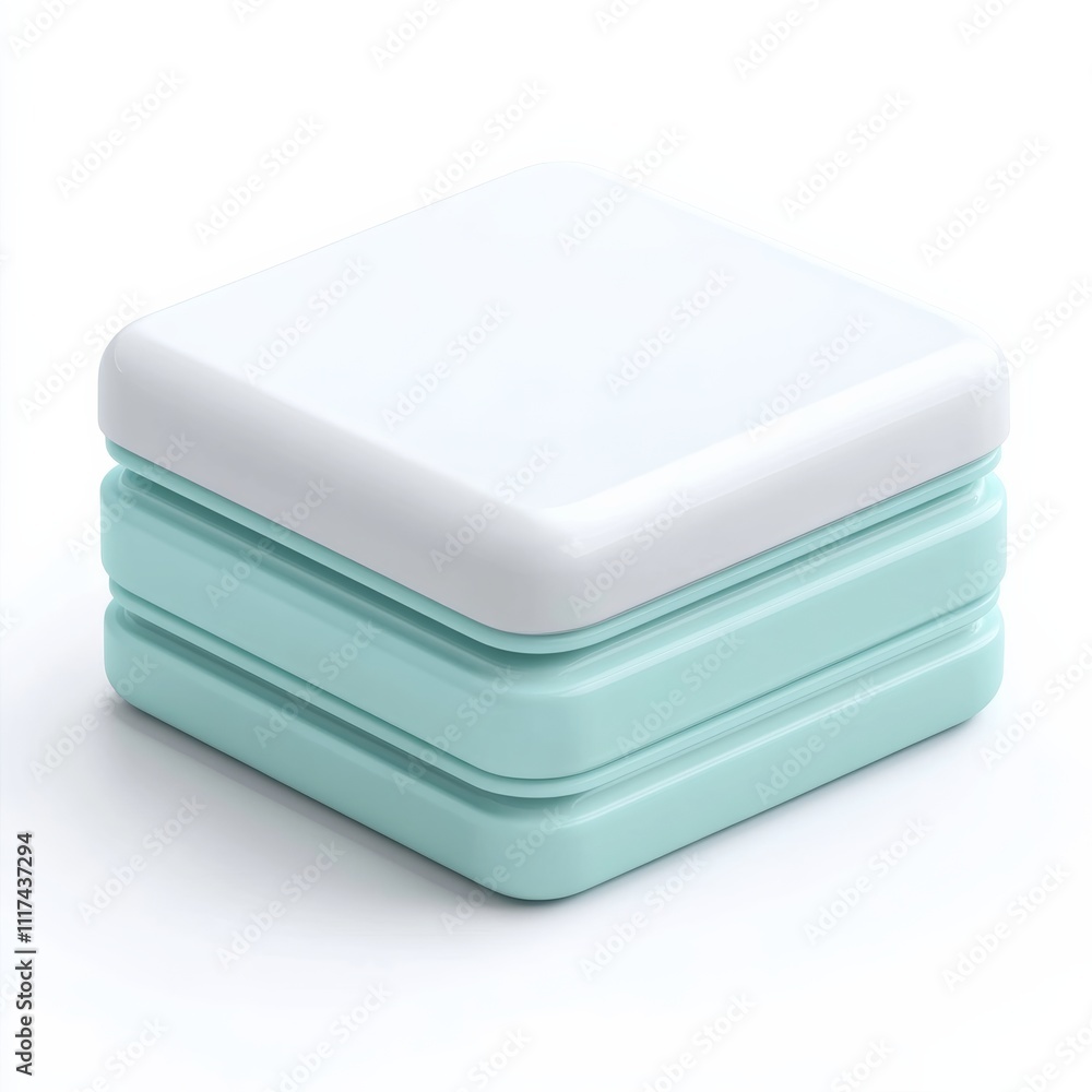 A stackable 3D plastic package icon with frosted details, rendered on a smooth white background with ample space A stackable 3D plastic package icon with frosted details, rendered on a smooth white background with ample space