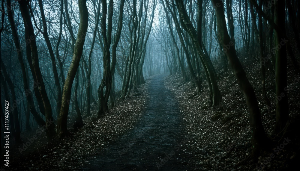 Fototapeta premium A misty forest path surrounded by twisted trees and fallen leaves.