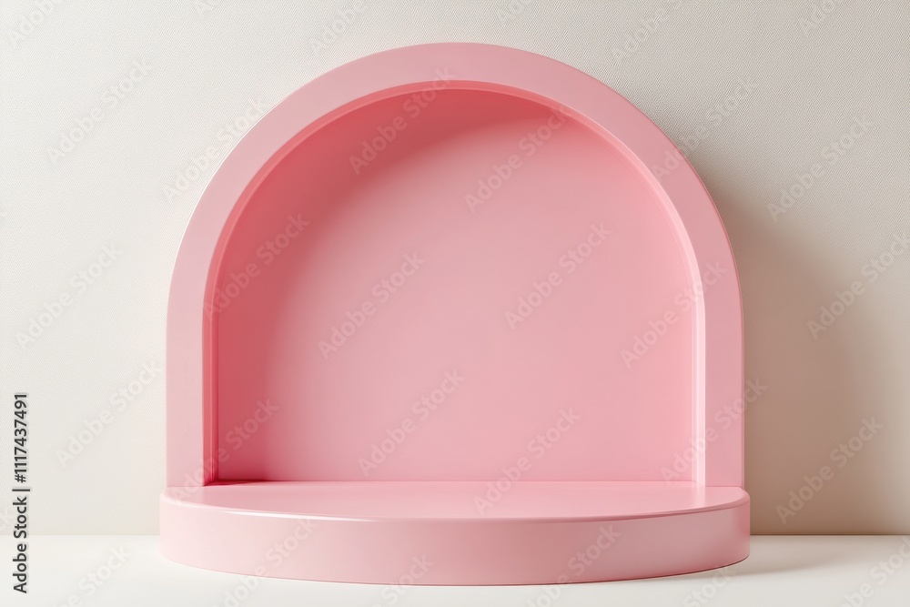 A minimalist pink display niche with an arched top, ideal for showcasing items. A minimalist pink display niche with an arched top, ideal for showcasing items.