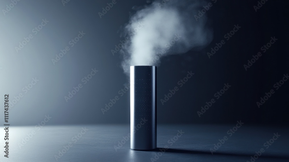 Metallic device emitting vapor against dark background. Metallic device emitting vapor against dark background.