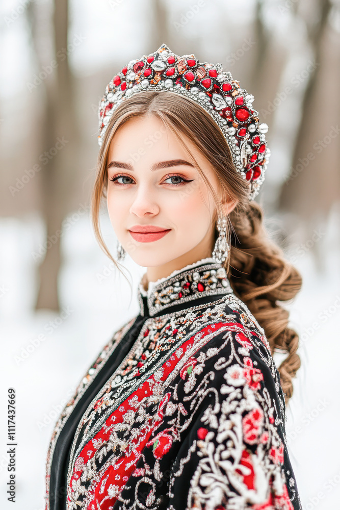 A woman wearing a red and black dress and a crown A woman wearing a red and black dress and a crown