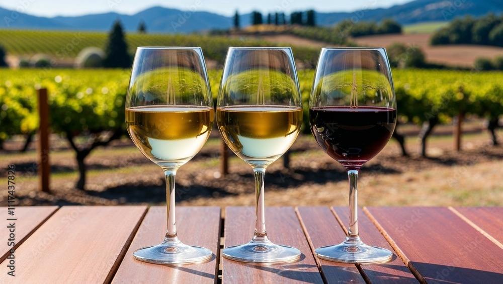 Two wine glasses, one red and one white, on a table with a bottle, ready for a celebratory dinners-Generated AI Two wine glasses, one red and one white, on a table with a bottle, ready for a celebratory dinners-Generated AI