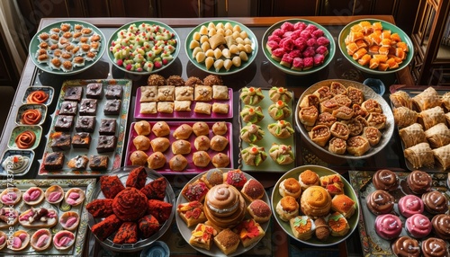 A colorful display of assorted pastries and desserts on a table.