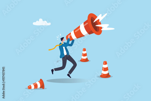 Communicate urgent message, warning or danger alert, broadcast announcement, attention or loudspeaker screaming advertising concept, businessman shouting loud voice message on big safety pylon.
