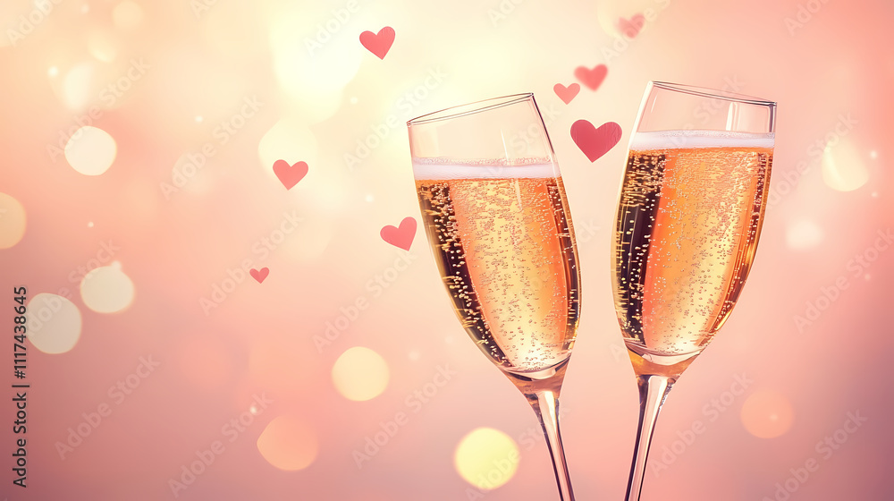 Champagne glasses toasting with hearts and a soft bokeh background for Valentine's Day Champagne glasses toasting with hearts and a soft bokeh background for Valentine's Day