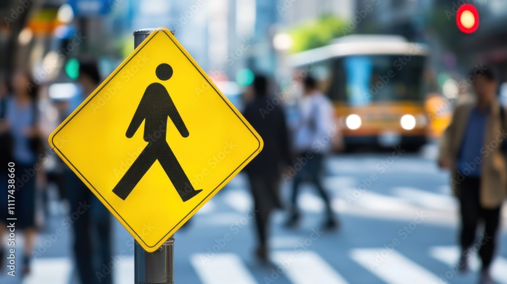 Pedestrian crossing sign on busy city street. Pedestrian crossing sign on busy city street.