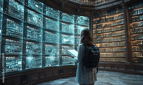 A person studies digital data in a futuristic library filled with glowing screens.