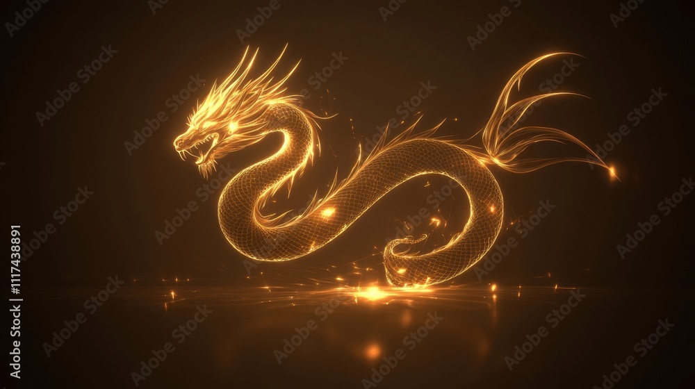 Fototapeta premium A dynamic golden dragon with flowing details on a vibrant background of wealth and good fortune.
