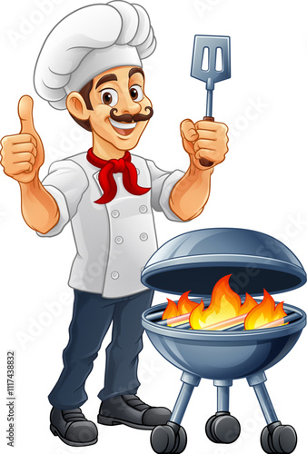 A chef cartoon barbecue cook out brazier cook man giving thumbs up and holding a BBQ spatula mascot character illustration