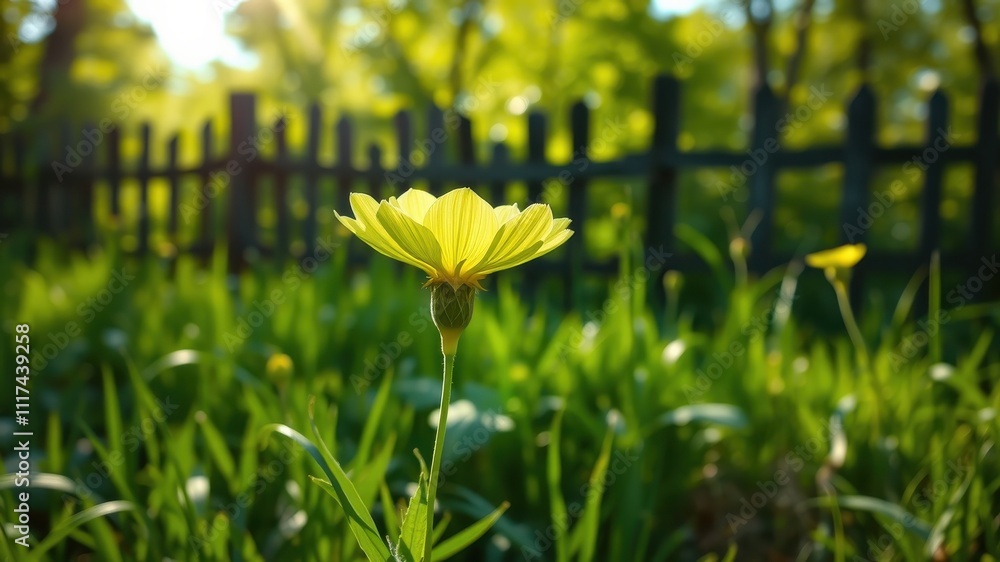 Obraz premium A lone yellow flower blooms in a field of green, bathed in the golden light of a summer afternoon, with a wooden fence blurring into the background.