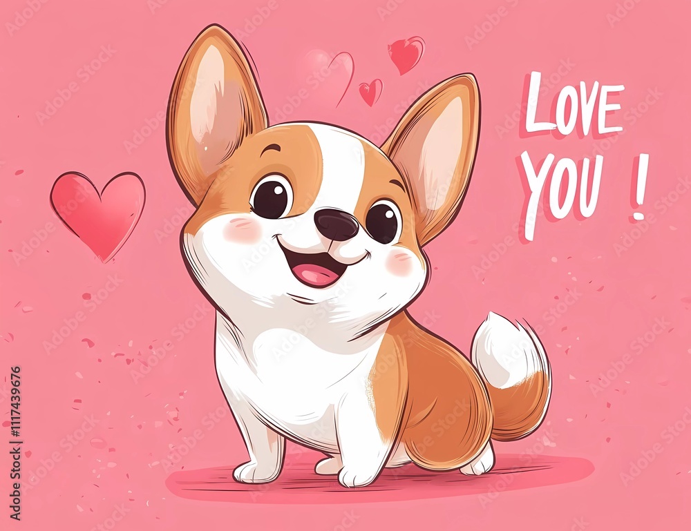 Cute corgi dog's back side with a heart on a pink background, vector illustration. Text: