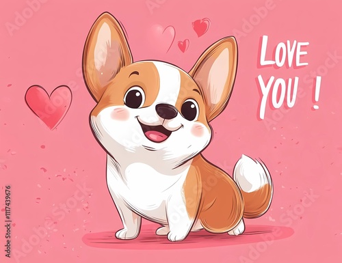 Cute corgi dog's back side with a heart on a pink background, vector illustration. Text: 