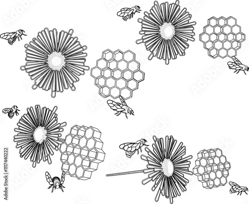 Vector sketch illustration of a silhouette of a honeycomb design of a wasp house with flowers as food