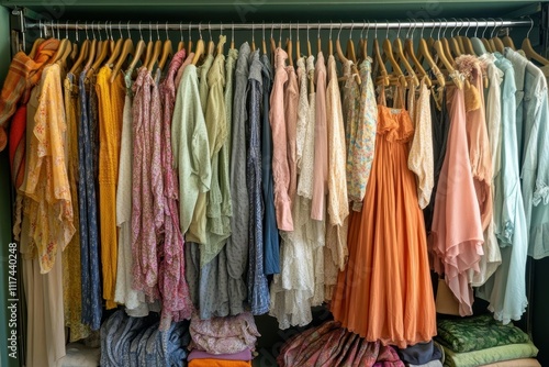A colorful assortment of clothing hanging in a wardrobe.