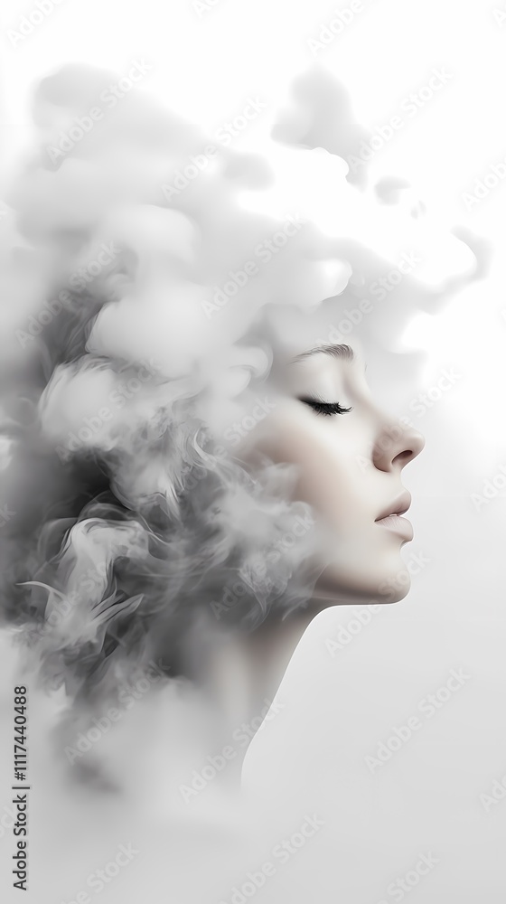 Serene woman's profile enveloped in ethereal smoke. Serene woman's profile enveloped in ethereal smoke.