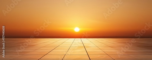 peak energy concept. A radiant sun setting over a golden grid system, symbolizing the efficiency of balancing peak energy demands photo