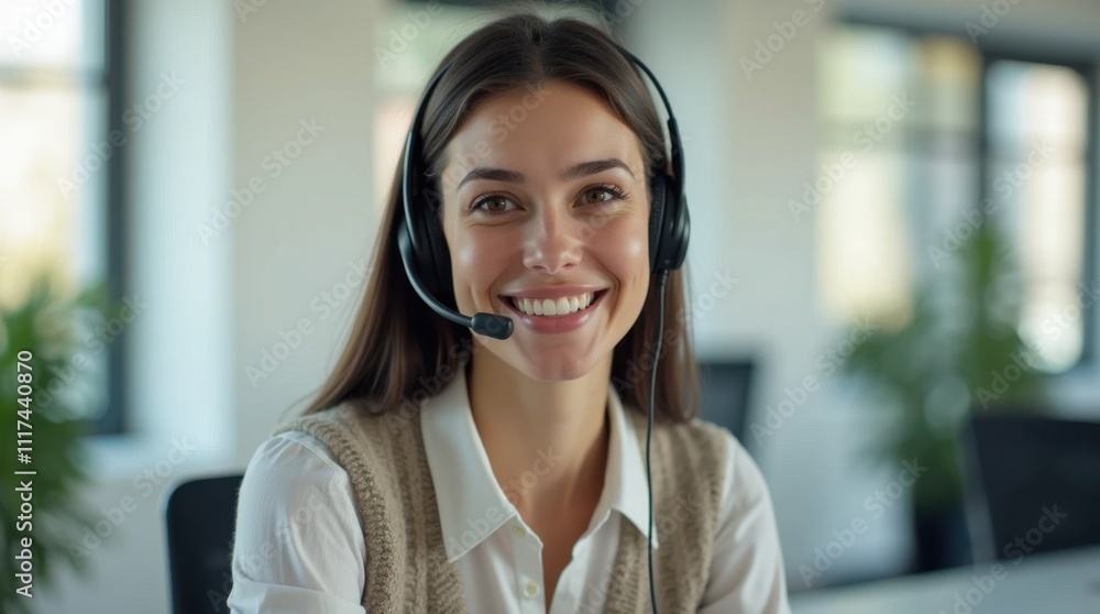 Cheerful Customer Service Agent Answering Calls in a Bright Office Cheerful Customer Service Agent Answering Calls in a Bright Office